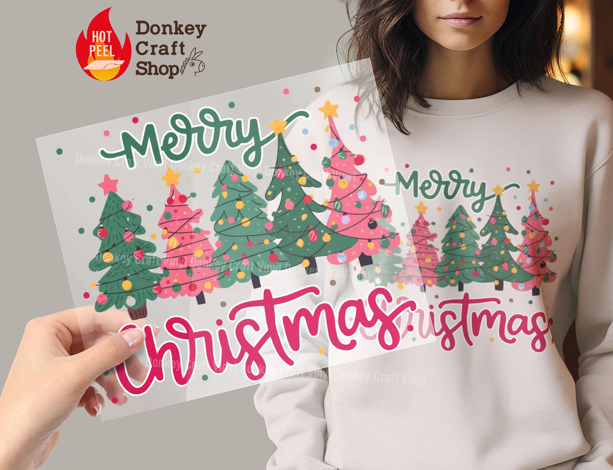Merry Christmas Pink and Green Trees DTF Transfer, Ready to Press DTF490