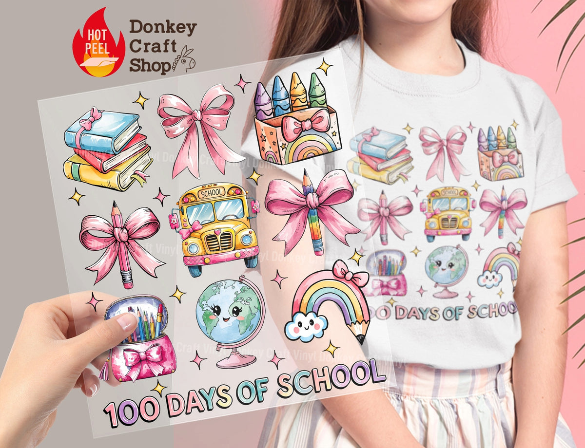 100 Days of School Coquette Pink Bow DTF Transfer, Ready to Press DTF515