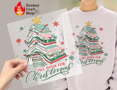 Christmas Book Tree DTF Transfer for T-shirts, Hoodies, Heat Transfer, Ready for Press Heat Press Transfers DTF168