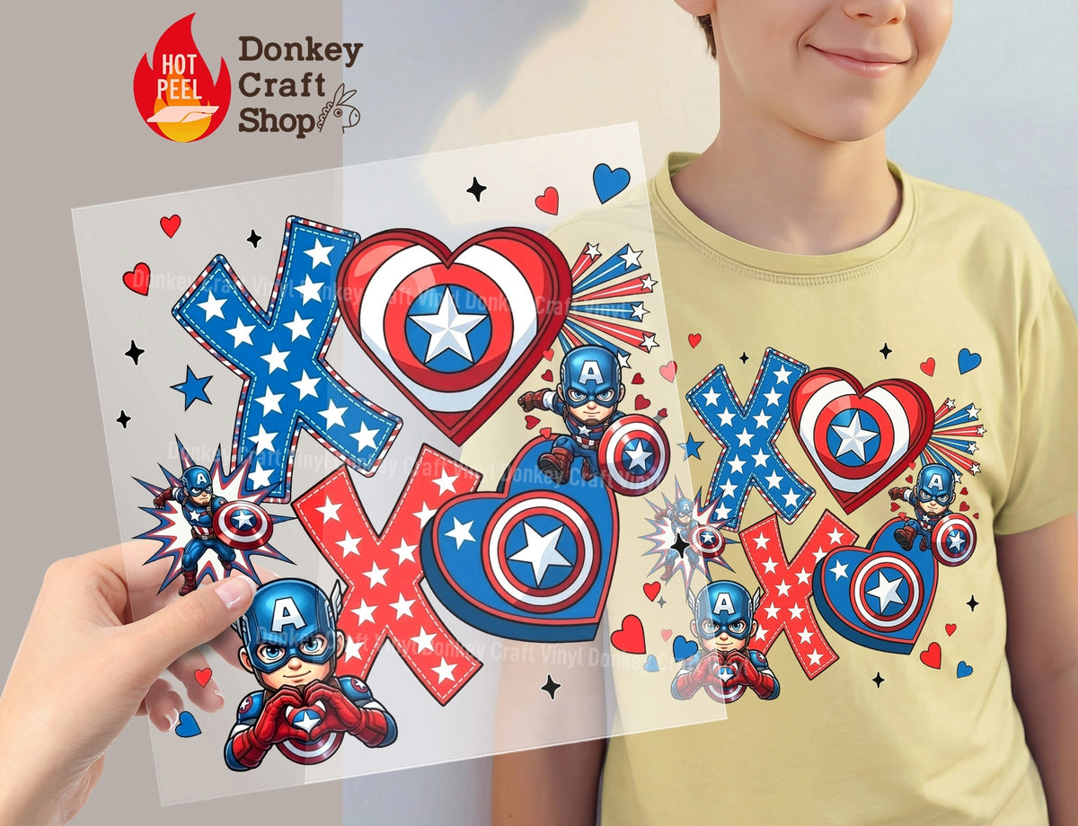 Captain America Superhero XOXO Hearts DTF Transfer, Ready to Press DTF653