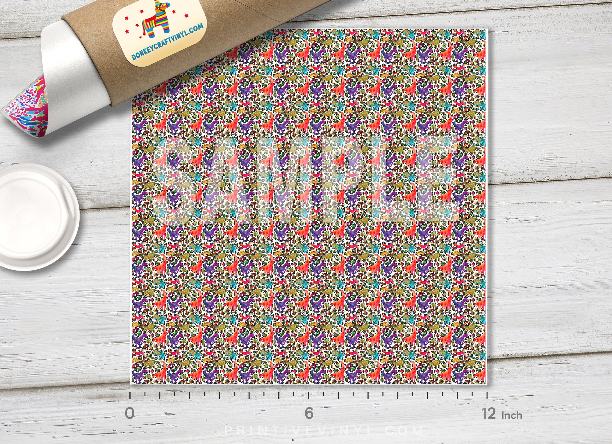 Rainbow Dinosaurs on Leopard Print Adhesive Vinyl 1365 - Donkey Craft Vinyl