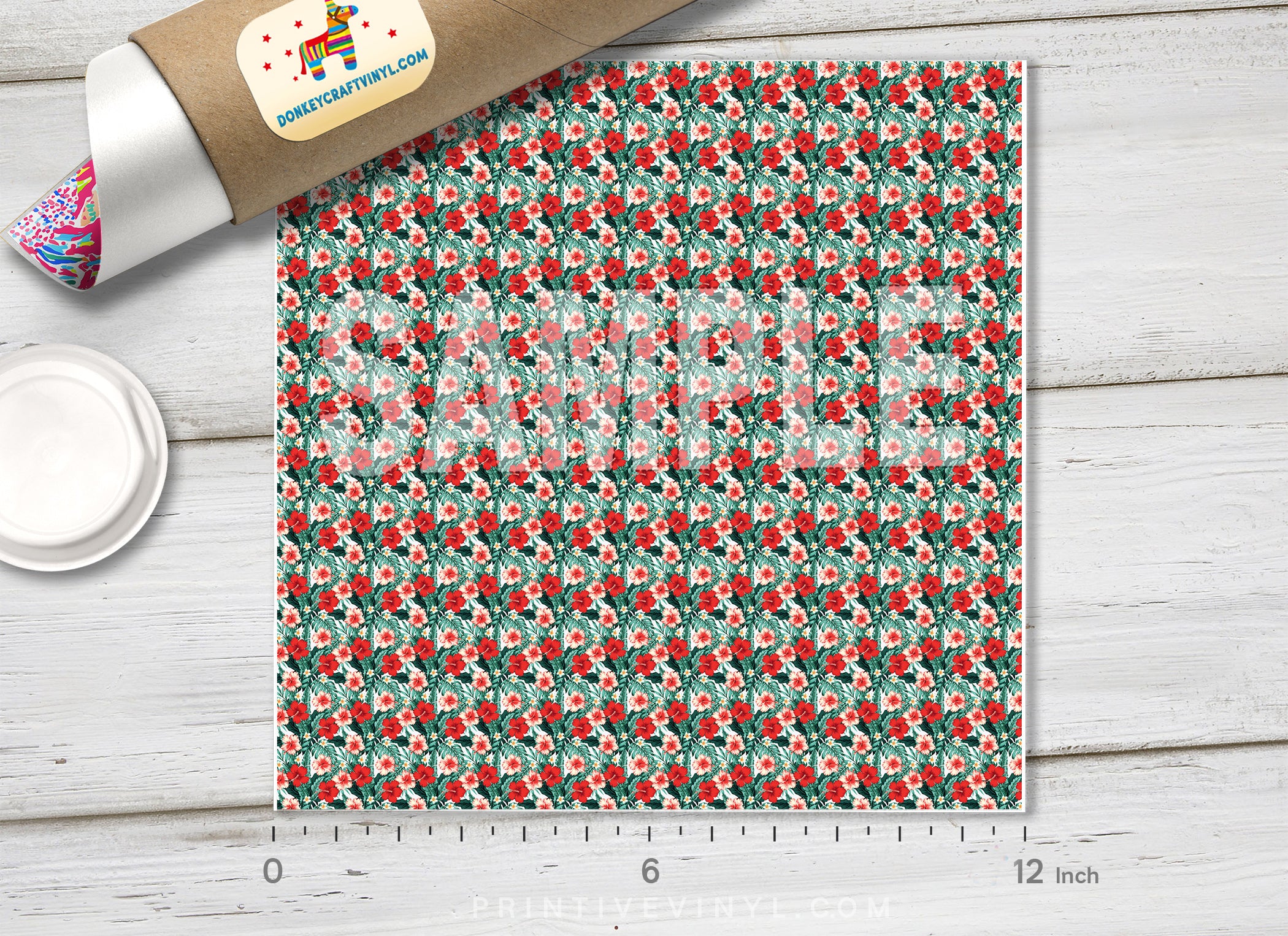 Tropical Red Hibiscus Floral Adhesive Vinyl 1527