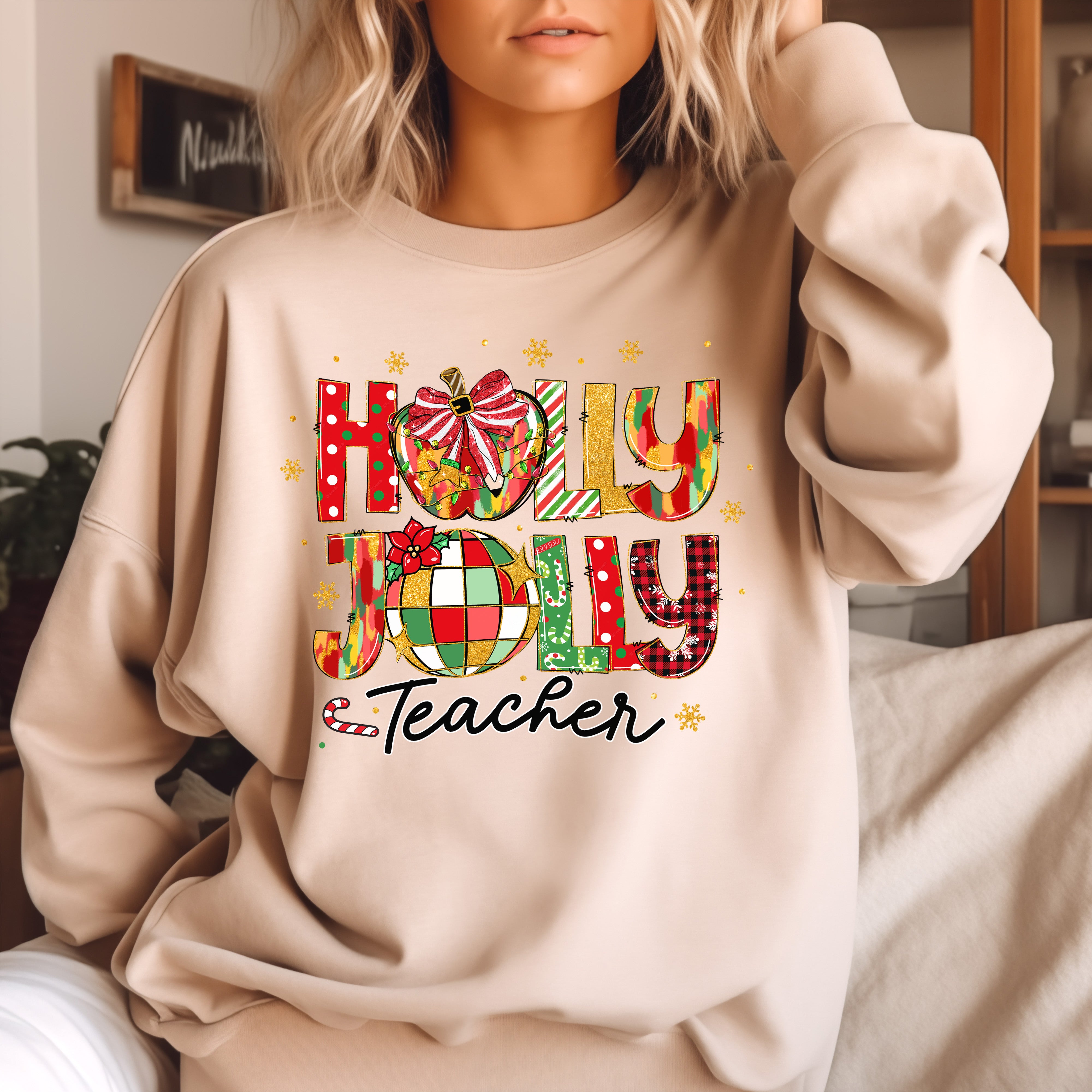 Holly Jolly Teacher Retro Disco Ball Christmas DTF Transfer, Ready to Press DTF500