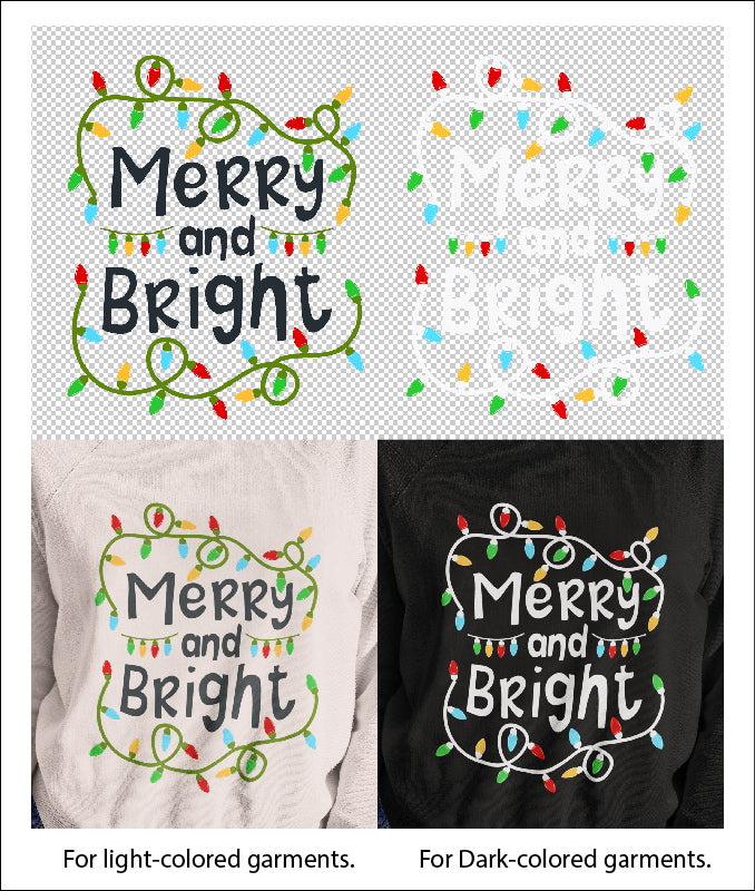Merry and Bright Christmas Light DTF Transfer for T-shirts, Hoodies, Heat Transfer, Ready for Press Heat Press Transfers DTF196
