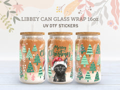 Black Cat Christmas UV DTF Wrap for 16oz Libbey Glass – Holiday Tree Design UV196