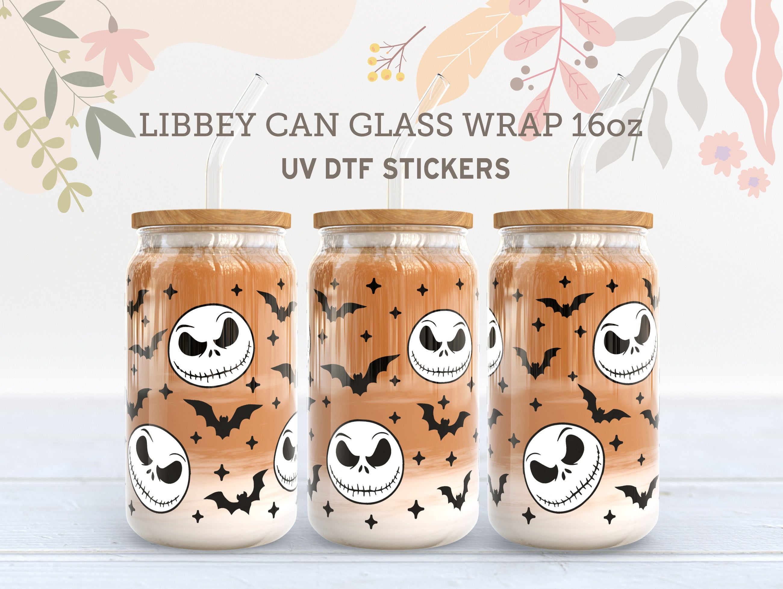 Halloween Skull & Bats UV DTF Cup Wrap | 16oz Libbey Glass Can Sticker UV048