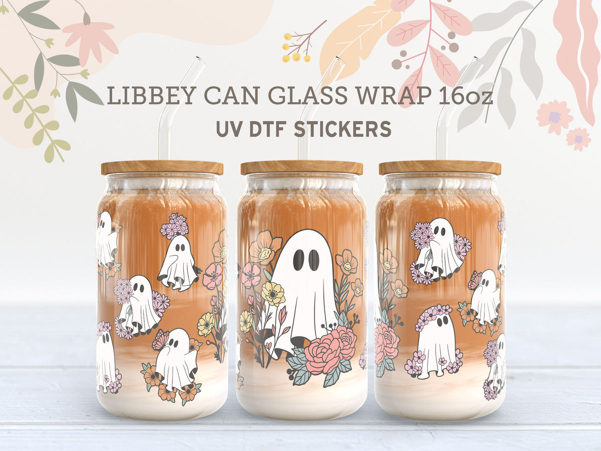 Floral Ghost UV DTF Libbey Glass Wrap | 16oz Halloween Cup Sticker UV043