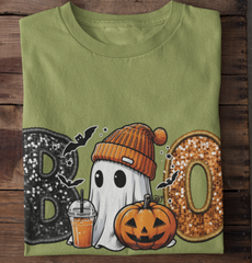 BOO Ghost Iced Coffee Faux Sequin Halloween DTF Transfer, Ready to Press DTF457