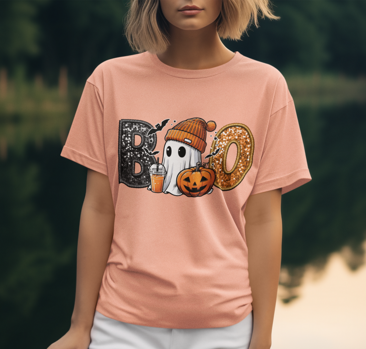 BOO Ghost Iced Coffee Faux Sequin Halloween DTF Transfer, Ready to Press DTF457
