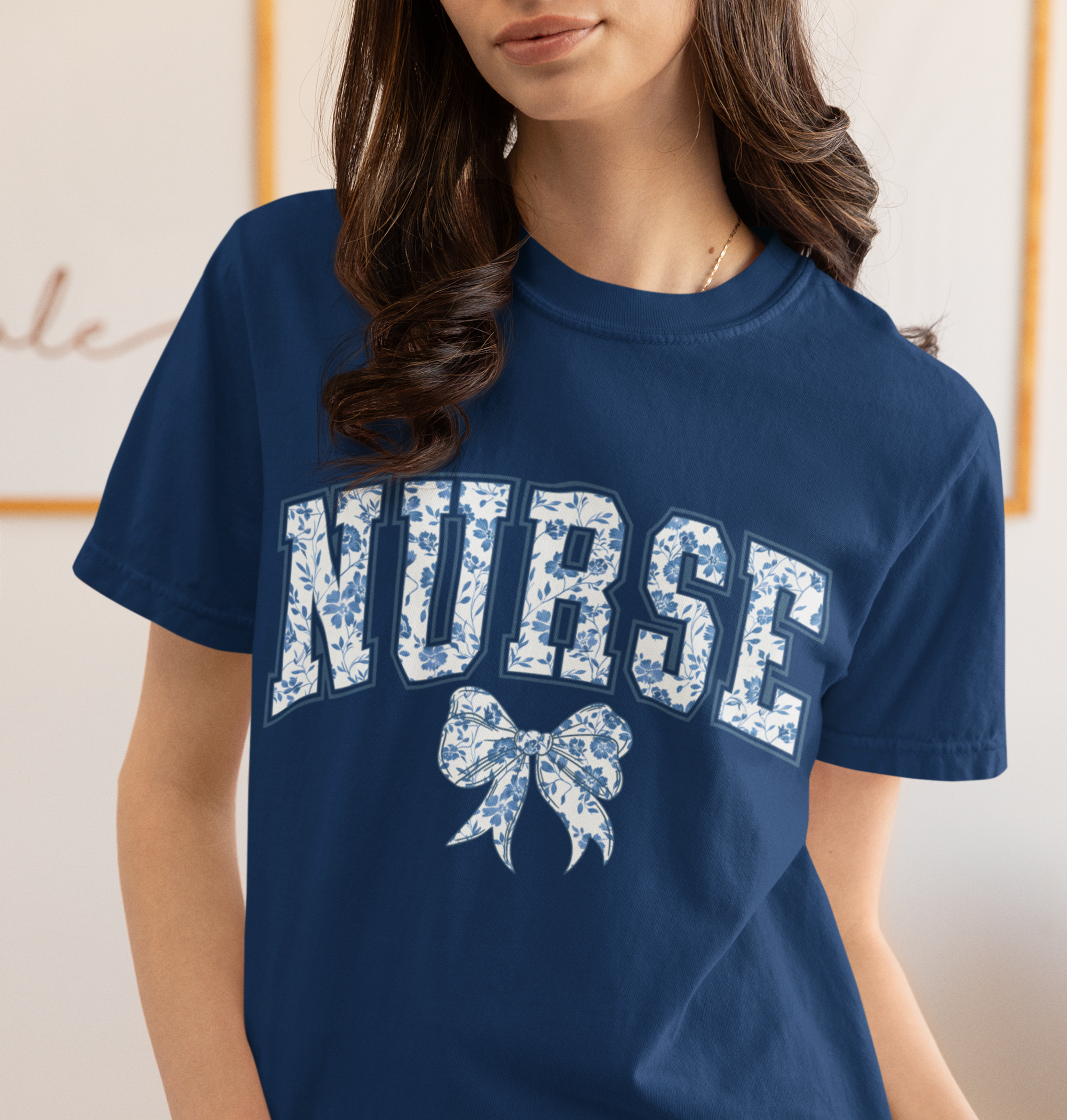 Nurse Blue Floral Coquette Bow DTF Transfer, Ready to Press DTF546 - Donkey Craft Vinyl