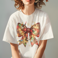 Coquette Christmas Bow with String Lights DTF Transfer, Ready to Press DTF460