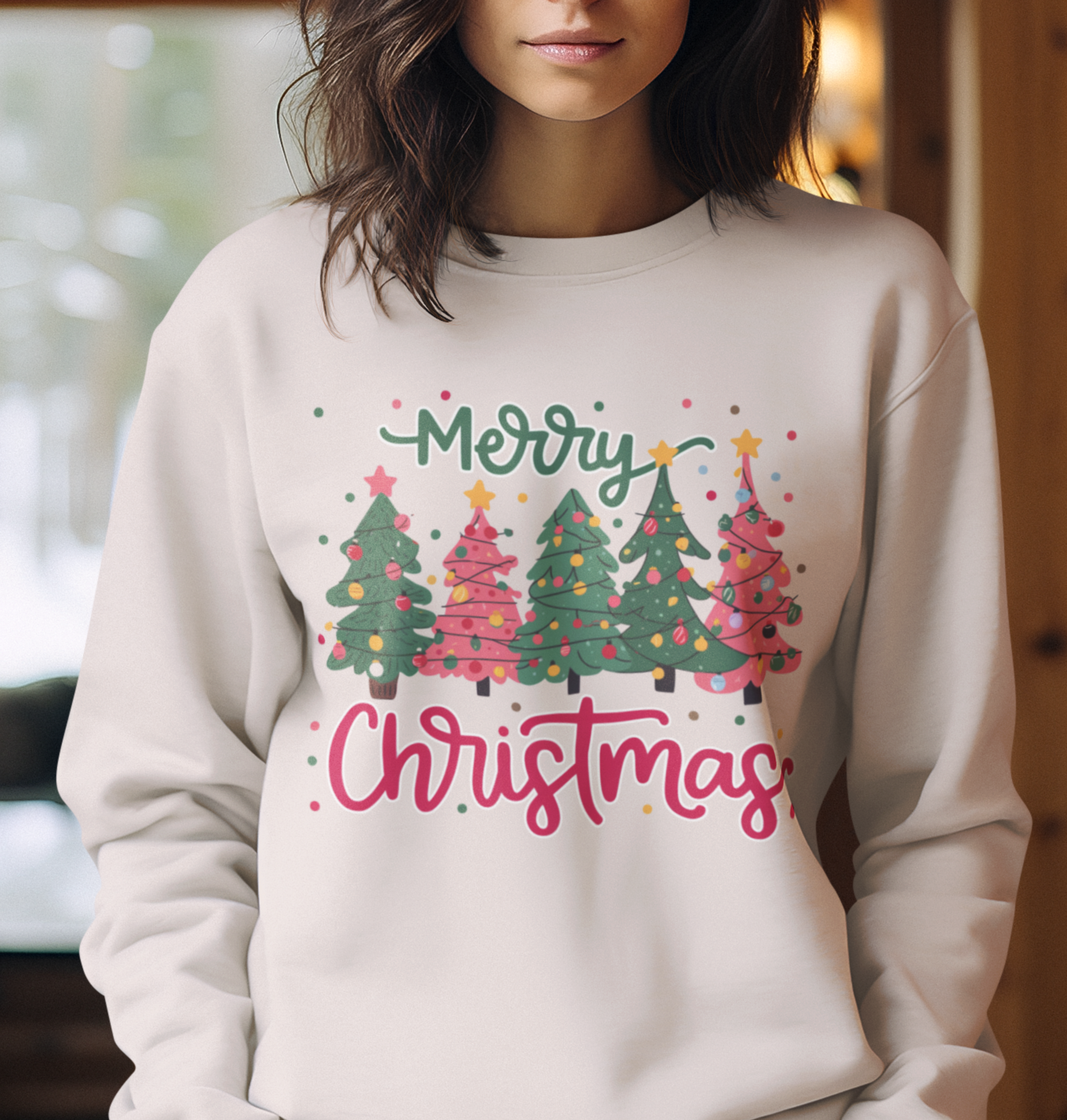 Merry Christmas Pink and Green Trees DTF Transfer, Ready to Press DTF490