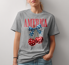 America Patriotic Cherry Bow DTF Transfer, Ready to Press DTF675