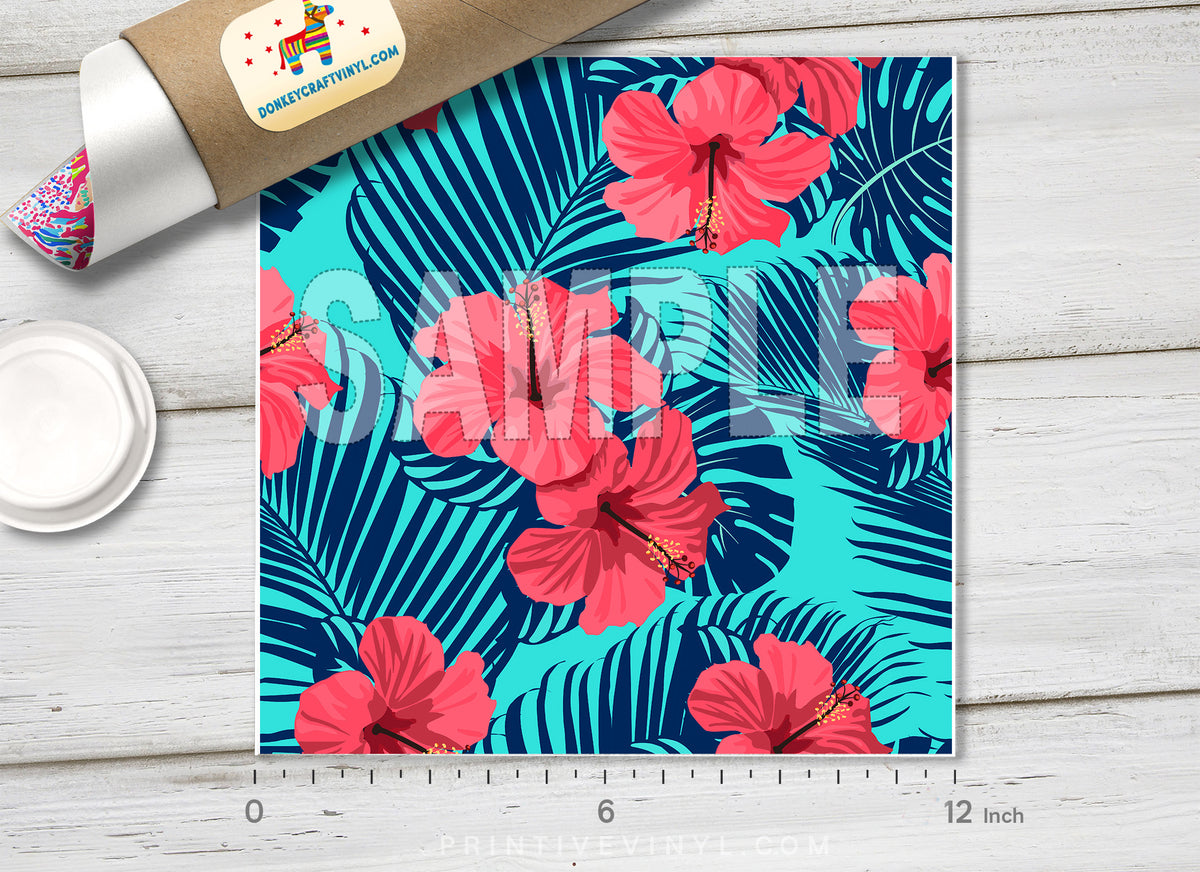 Tropical flowers and palm leaves Patterned HTV 098