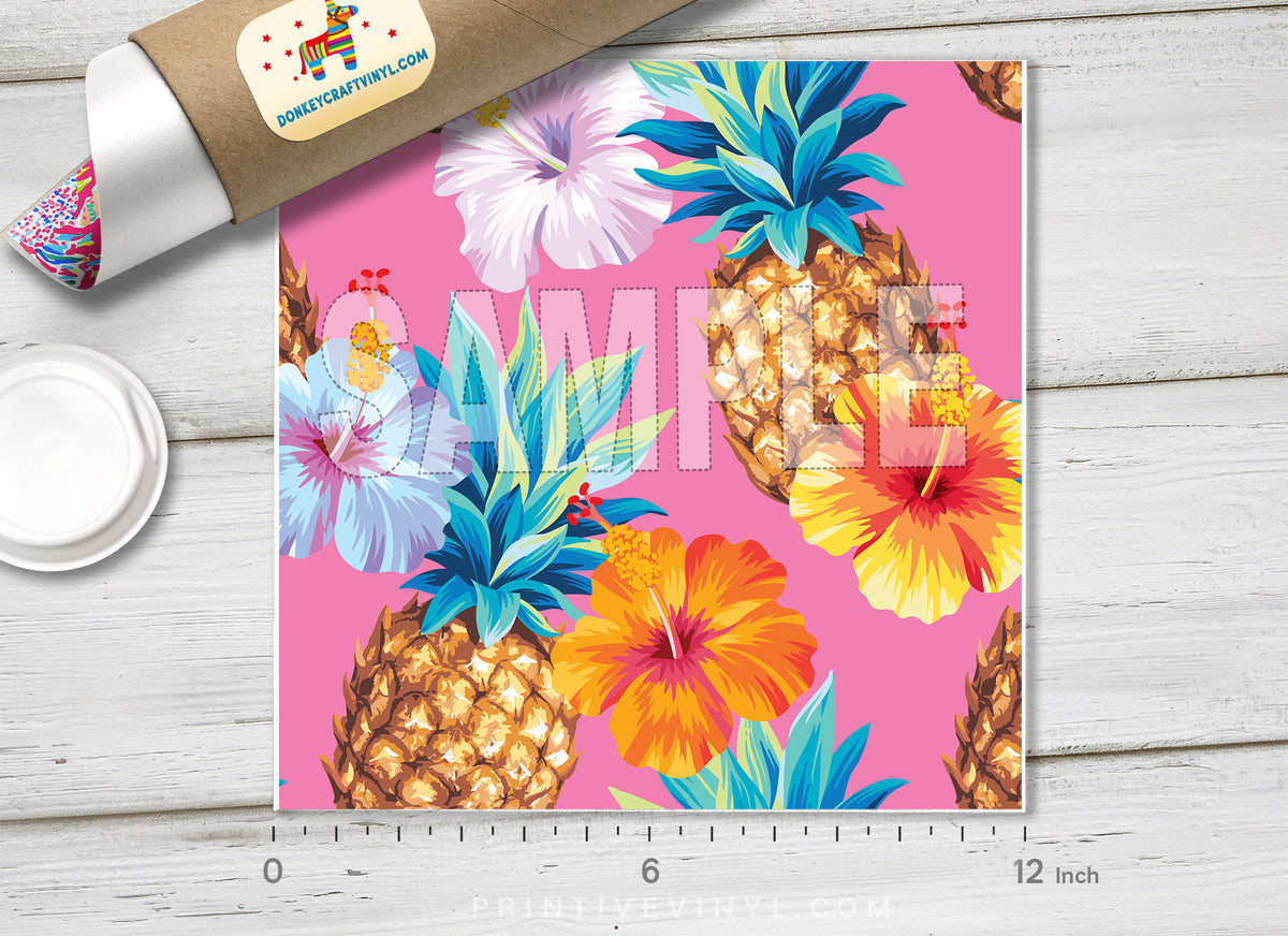 Hawaiian pineapples and hibiscus Flowers Patterned HTV  175