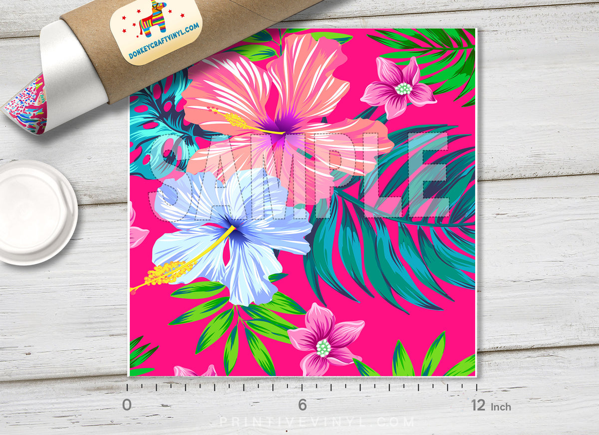 Tropical hibiscus palm leaf Printed Vinyl/ Indoor Vinyl/ Outdoor Vinyl/ Heat Transfer Vinyl-689 - Printive Vinyl | Patterned Vinyl