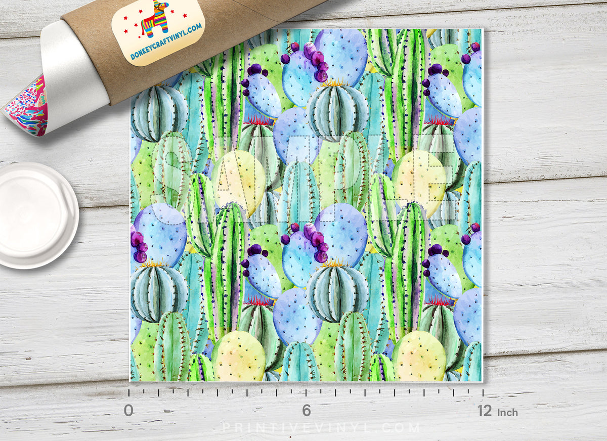 Watercolor Tropical Cactus Patterned HTV- 917