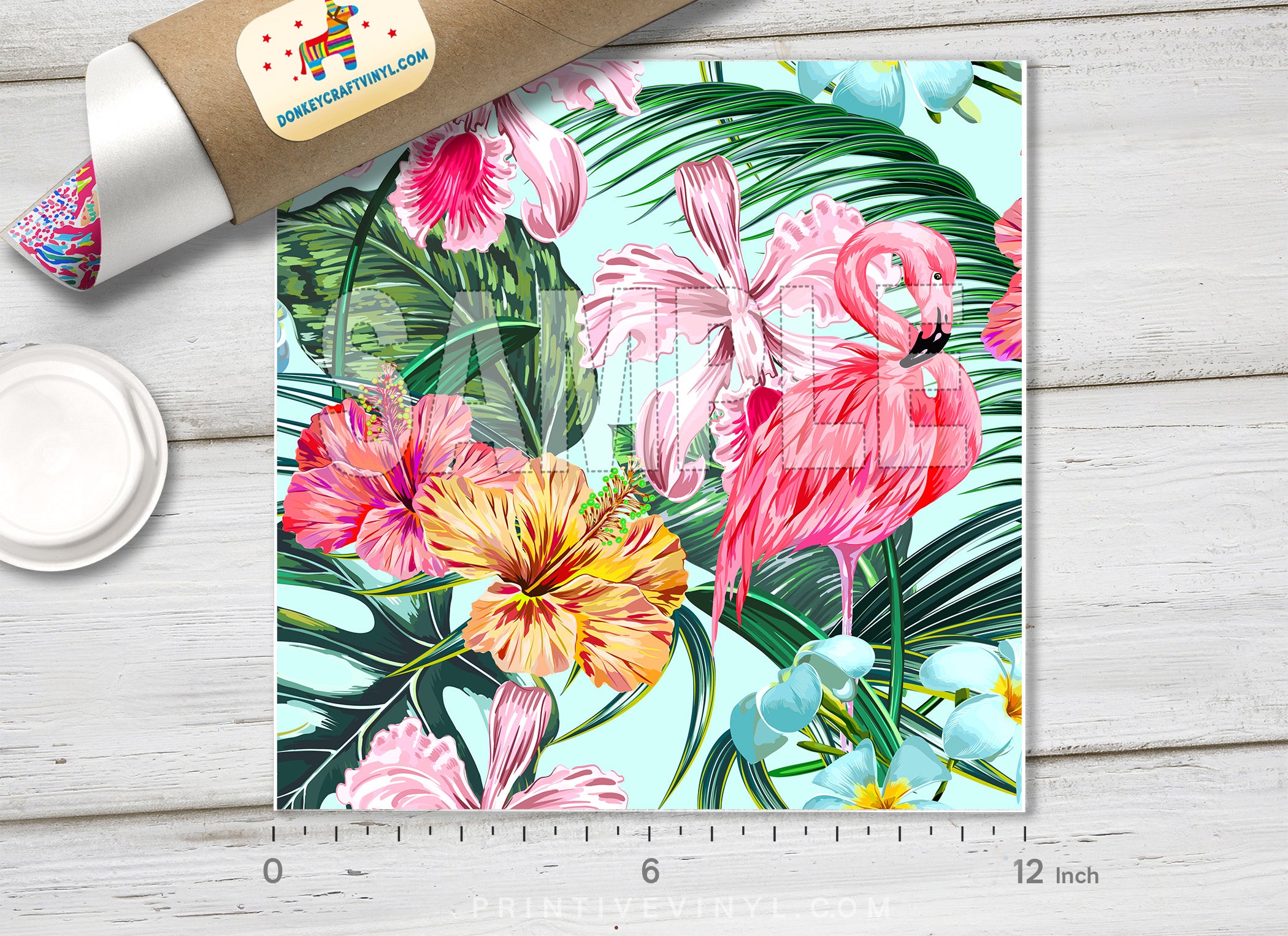Hibiscus Orchid flower Pink Flamingos  Patterned HTV  982