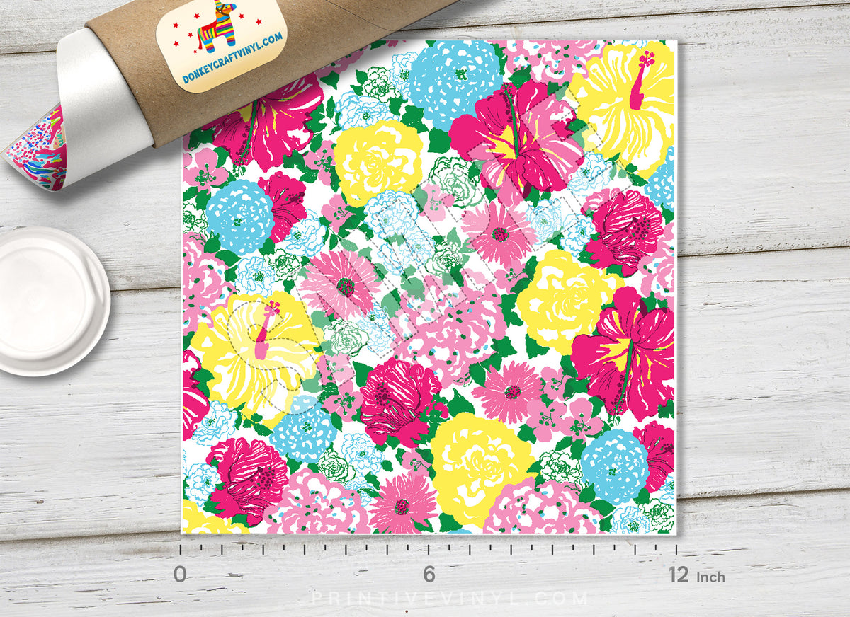 Lilly P Inspired Flower Garden Pattern Printed Vinyl, Indoor Vinyl, Outdoor Vinyl, HTV-L025 - Printive Vinyl | Patterned Vinyl