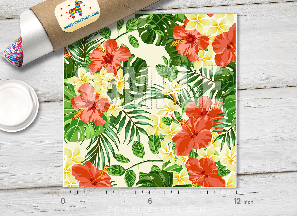 Tropical Hibiscus, Palm Leaves Printed HTV- 901