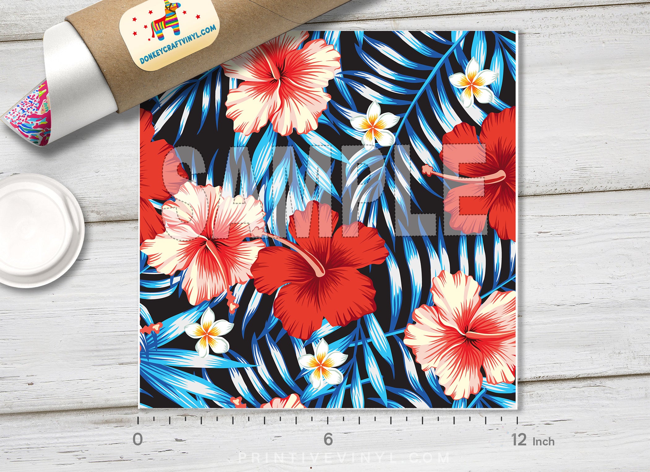 Hibiscus Flower and Palm Leaves  Patterned HTV 379
