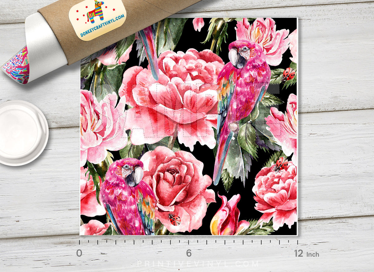 Watercolor parrots and roses Pattern Printed Vinyl/ Indoor Vinyl/ Outdoor Vinyl/ Heat Transfer Vinyl-517