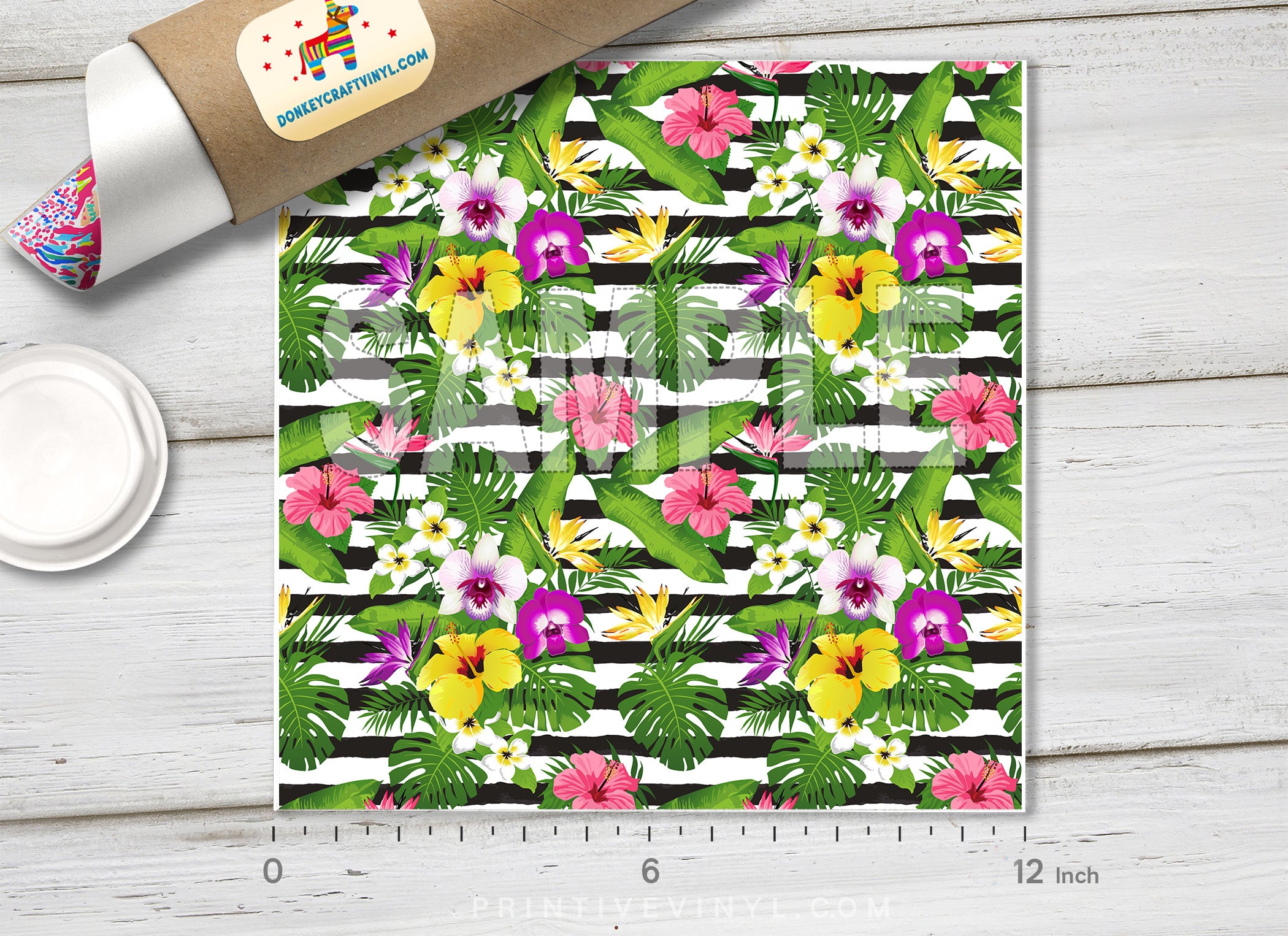 Tropical Flowers Stripes Patterned Adhesive Vinyl 031