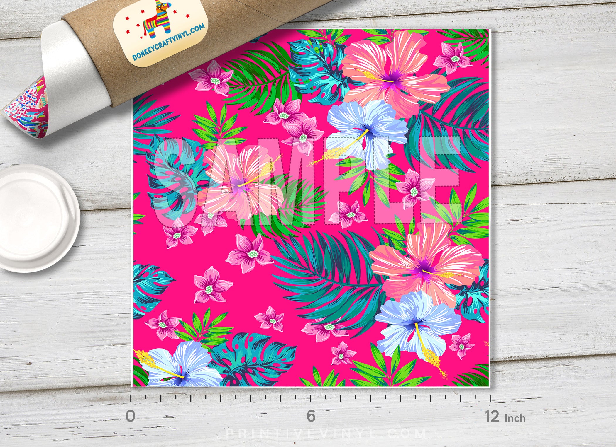 Tropical hibiscus palm leaf Printed Vinyl/ Indoor Vinyl/ Outdoor Vinyl/ Heat Transfer Vinyl-689 - Printive Vinyl | Patterned Vinyl