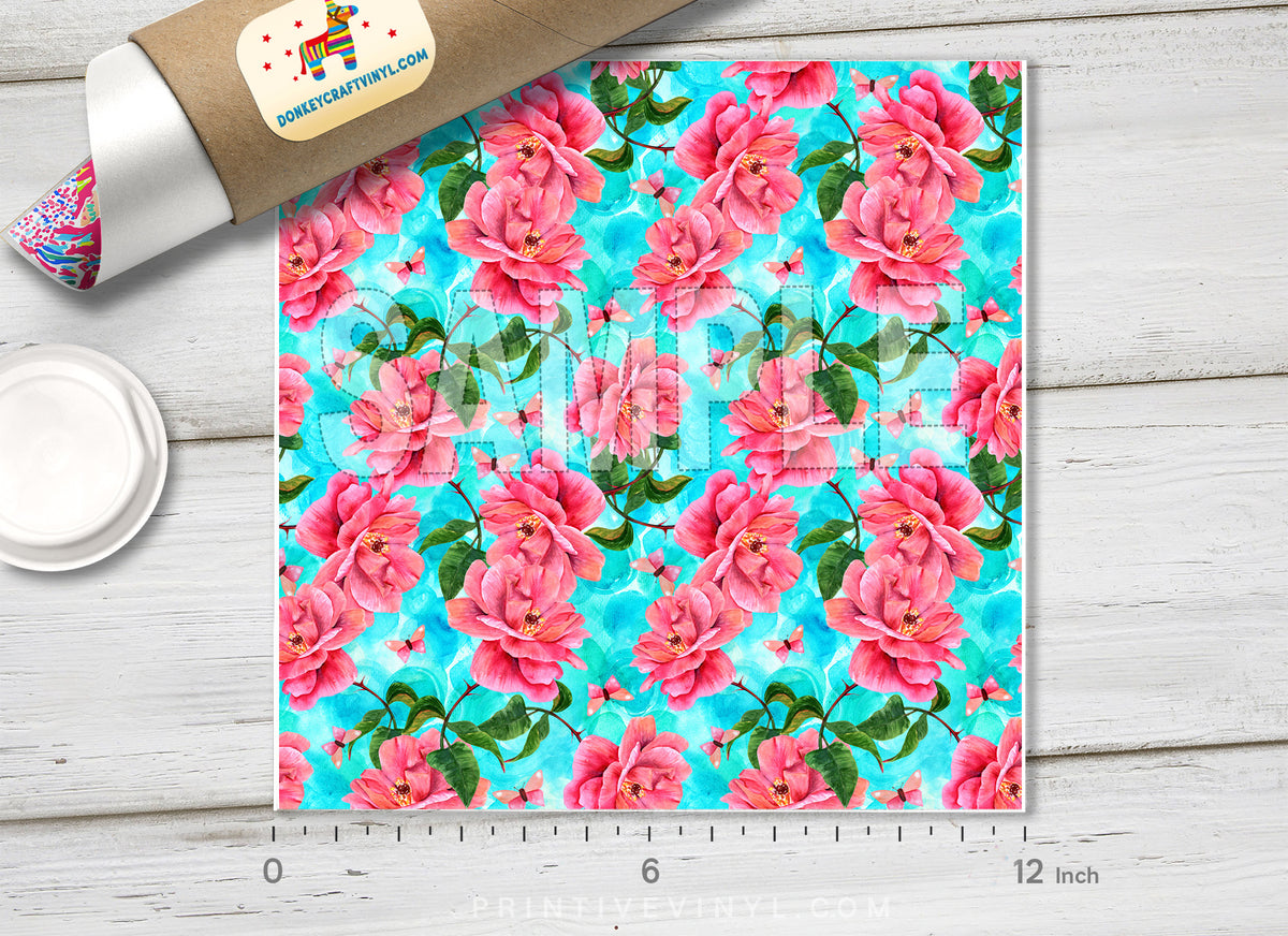 Blooming pink rose and a butterfly      Patterned HTV 306