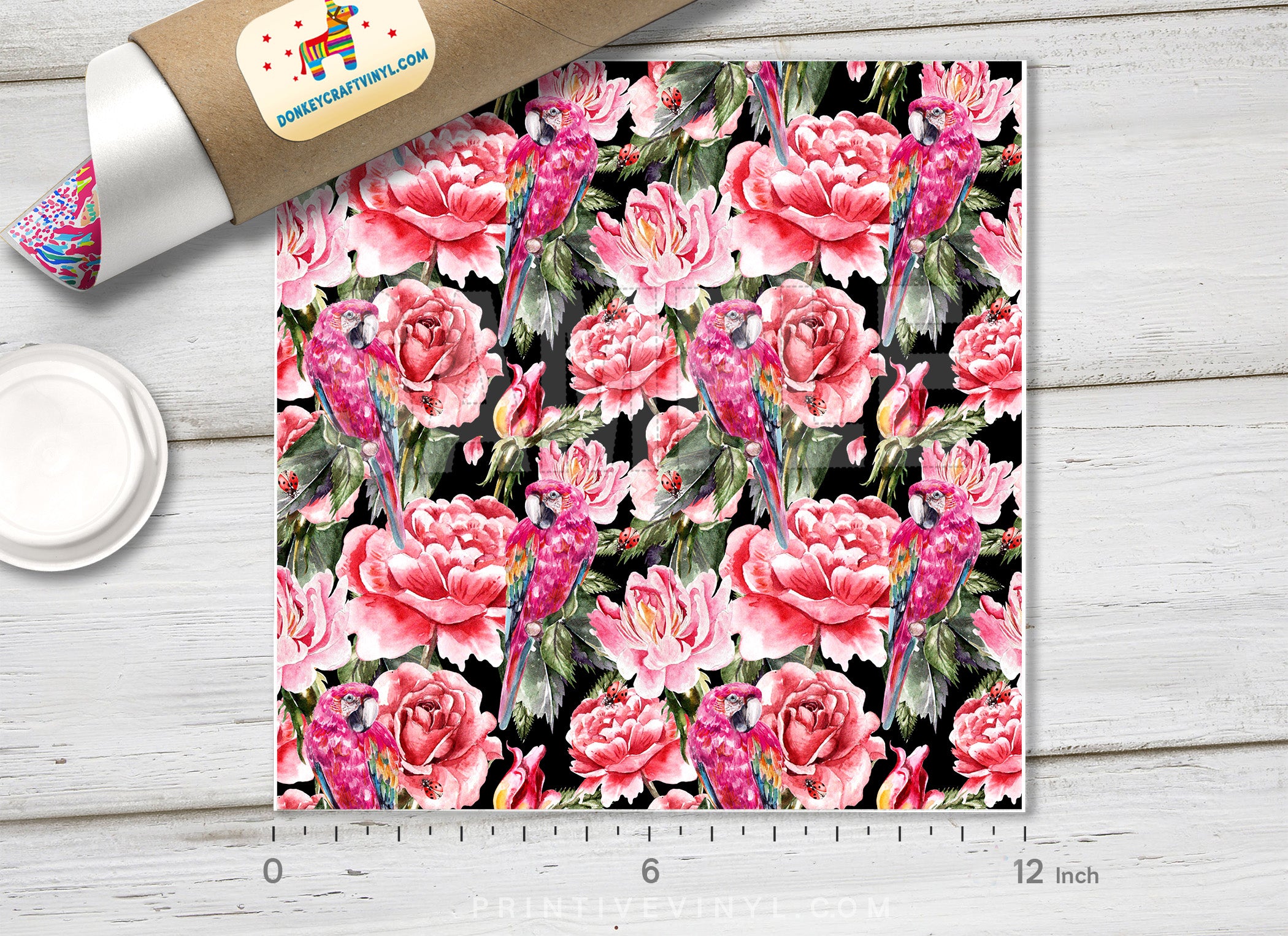 Watercolor parrots and roses Pattern Printed Vinyl/ Indoor Vinyl/ Outdoor Vinyl/ Heat Transfer Vinyl-517