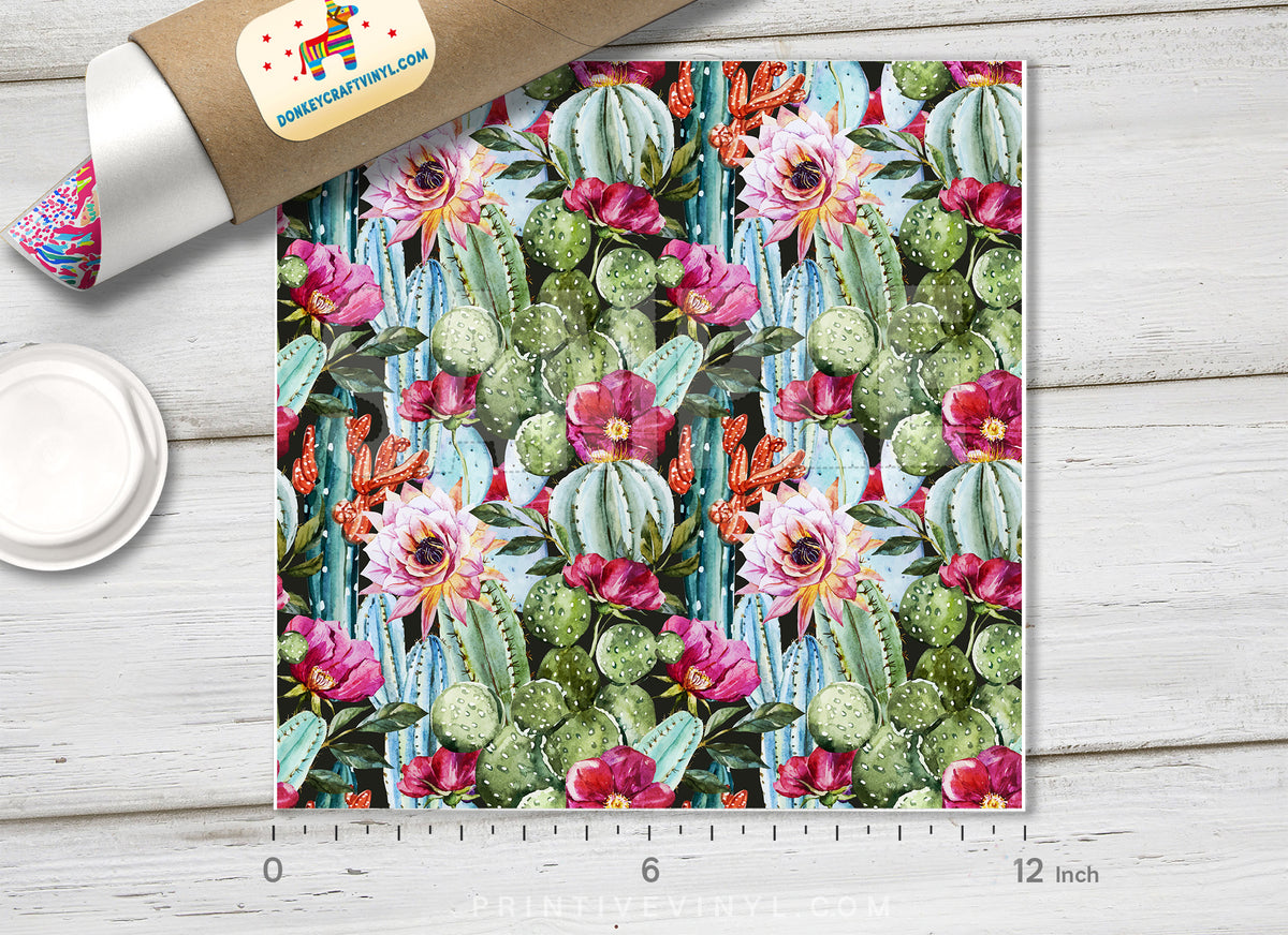 Flowers roses and cactus Pattern printed Vinyl/ Indoor Vinyl/ Outdoor Vinyl/ Heat Transfer Vinyl-424 - Printive Vinyl | Patterned Vinyl