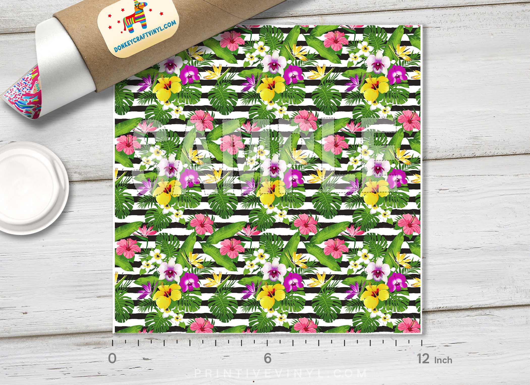 Tropical Flowers Stripes Patterned Adhesive Vinyl 031