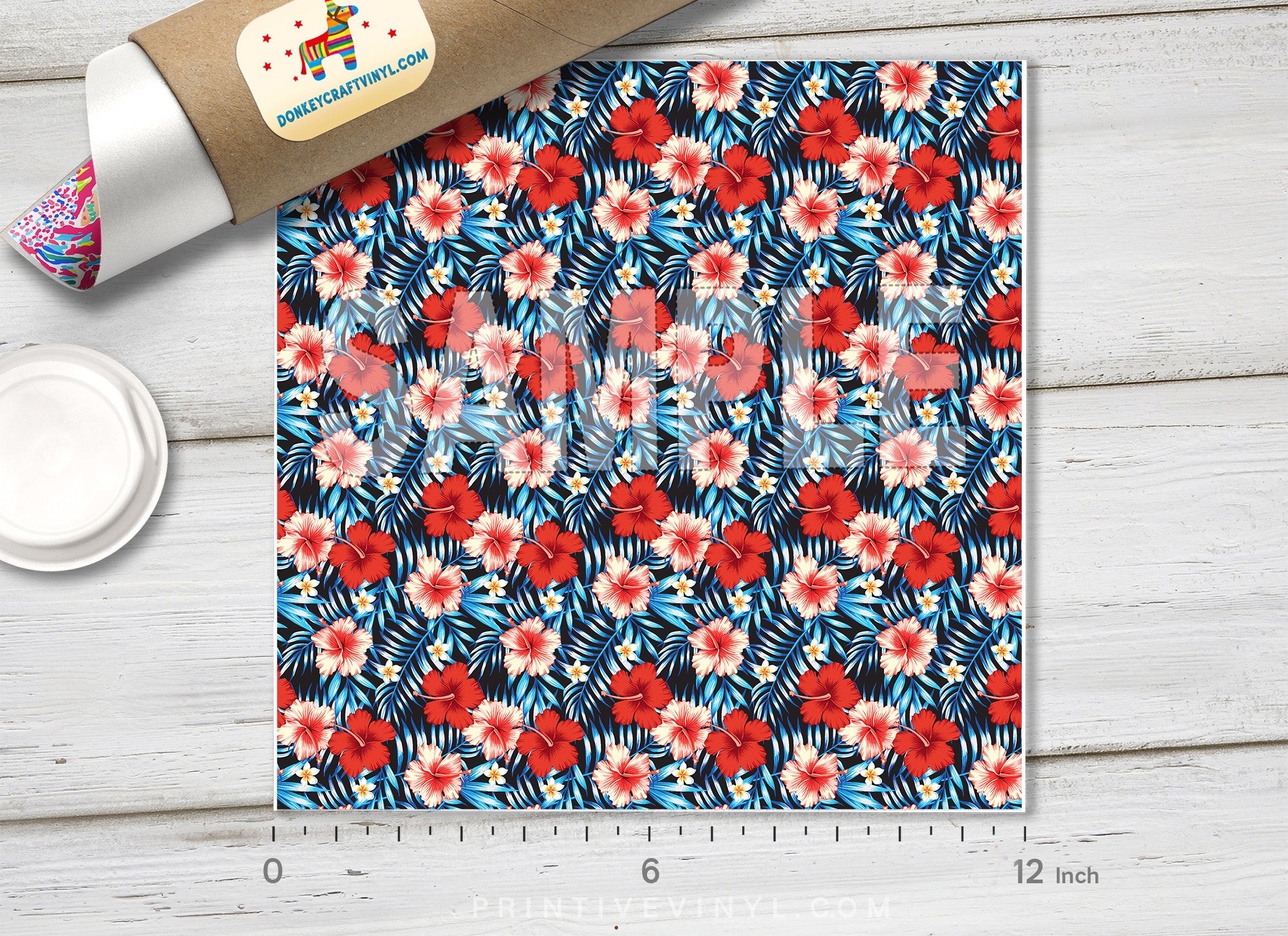 Hibiscus Flower and Palm Leaves  Patterned HTV 379