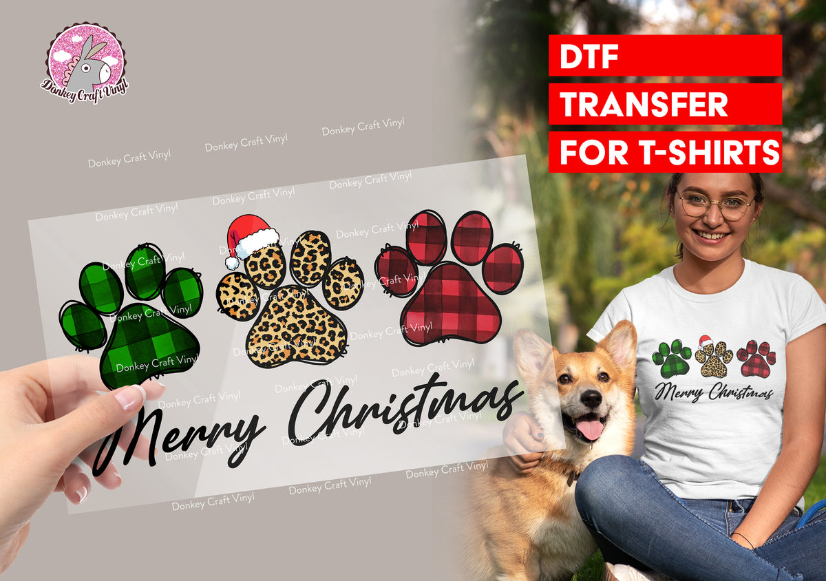 Merry Christmas Dog paw DTF Transfer for T-shirts, Hoodies, Heat Transfer, Ready To Press Heat Press Transfers DTF42