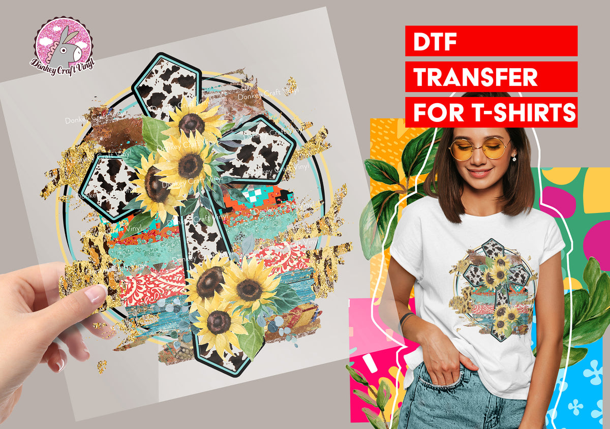 Western Cross Sunflower DTF Transfer for T-shirts, Hoodies, Heat Transfer, Ready To Press Heat Press Transfers DTF44